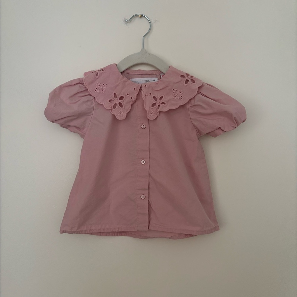 Zara Pink Eyelet Collar Button-Down Blouse
